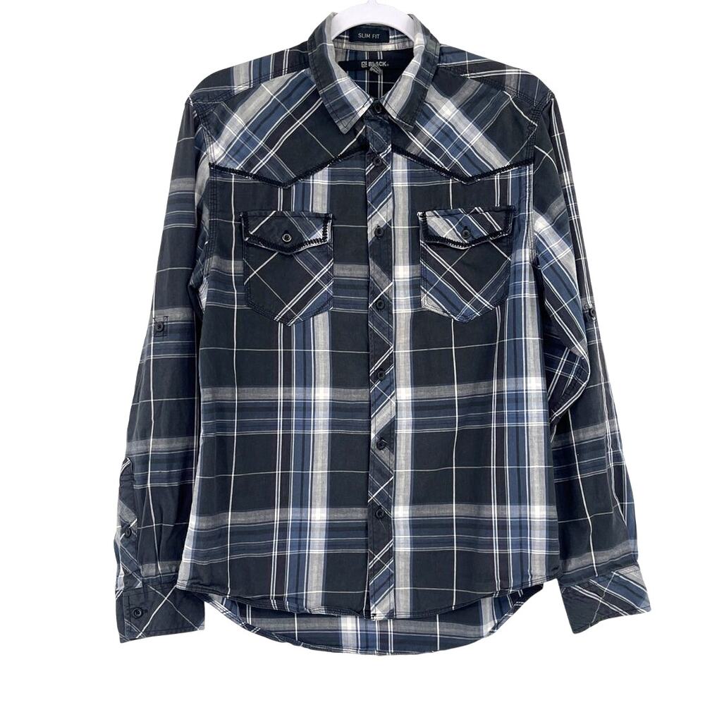 CJ Black Western Grunge Button Up Mens Shirt Sz M Slim Fit Gray Plaid Street